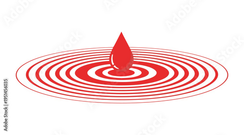 Red blood drop creating concentric ripples in an abstract oval pattern for medical concept
