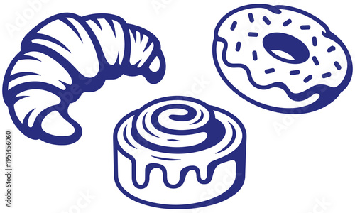 Various sweet baked goods including croissant cinnamon roll and donut in simple blue and white illustration style perfect for bakery and dessert themes.