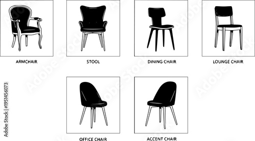 Collection of six chair designs with varied styles and functions
