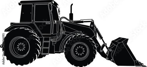 Black silhouette vector of a heavy industrial tractor with a front loader bucket attachment used for agricultural farming, earthmoving construction, and site excavation work.