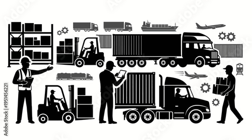Logistics and transportation worker silhouettes.