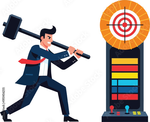 Businessman in suit swinging a large hammer at a colorful arcade game target