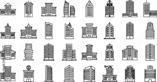 Simple outline icons of diverse office buildings and skyscrapers
