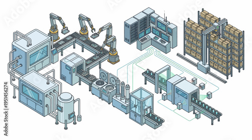 Industrial robotic manufacturing production line with conveyor belts and machinery.