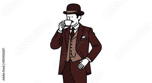 A gentleman in a brown suit and bowler hat drinks from a white cup while standing on a plain white background.