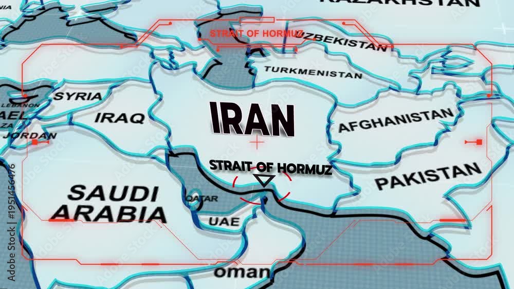 A 3D world map highlights Strait of Hormuz, and Iran, the Middle East ...