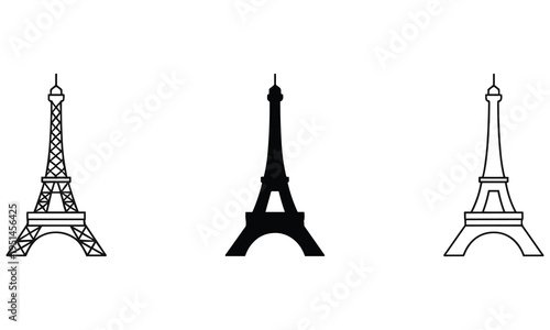 Eiffel Tower illustrations in varying line art and silhouette styles showcasing different artistic interpretations of the famous Parisian landmark in a simple and elegant visual representation.
