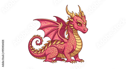 A cute cartoon pink dragon with golden scales, wings, and horns sits looking forward on a white background.