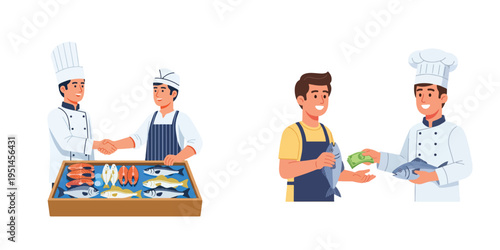 Fish market scene with handshake and money exchange