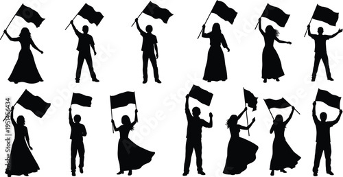 Black silhouette vector set of diverse people holding and waving flags featuring men and women in various poses for national celebrations, protests, and sports.