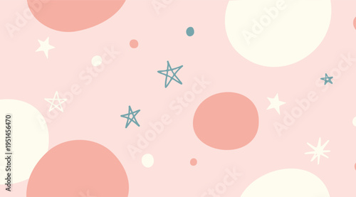 Whimsical abstract pattern with pink, white, and peach circles, blue stars, and dots for decorative use