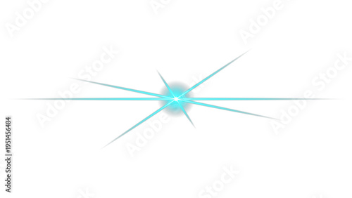 Cyan light blue anamorphic lens flare with horizontal light rays and bright central glow isolated on transparent background