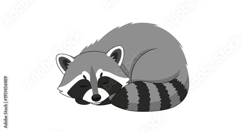 A grey cartoon raccoon with black and white stripes is curled up sleeping on a clean white background.