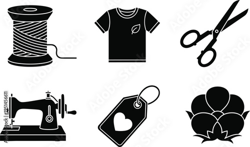 Black Vector Icon Set of Sustainable Fashion Elements Including Sewing Machine Thread Spool Cotton Flower Scissors Organic T-shirt and Heart Price Tag