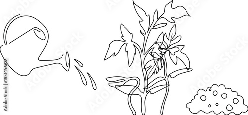 Line drawing of watering can, plant sprout and soil, gardening and growth concept