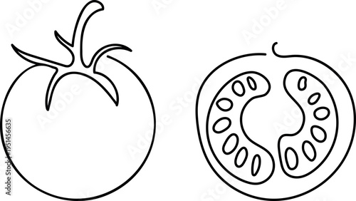 Tomato and slice line art illustration showing whole vegetable and cross section