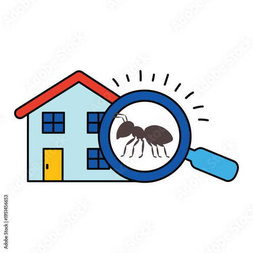 Home pest control icon featuring magnifying glass detecting an ant infestation.