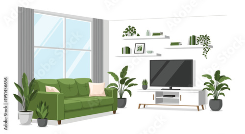 A cozy modern living room with a green sofa plants and a television depicted as a flat silhouette high quality professional