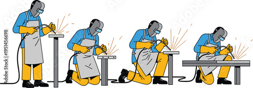 Flat vector illustration of professional welders in protective gear and helmets performing metal arc welding with sparks in various standing, kneeling, and sitting poses.