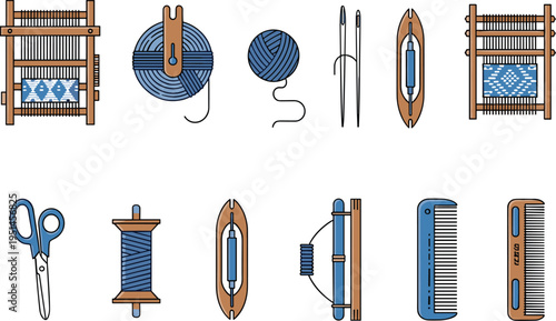 Flat vector illustration set of traditional weaving tools featuring wooden looms, blue yarn balls, shuttle bobbins, sewing needles, thread spools, combs, and textile craft scissors.