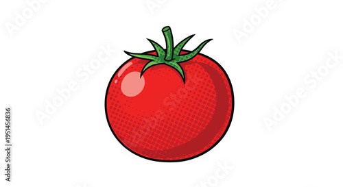 A single red tomato with a green stem and leaves is depicted in a pop art style against a plain white background.
