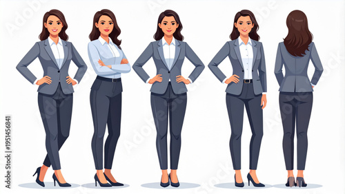 Elegant Woman Manager Full Body Pose Collection Front Side Back Views Illustration