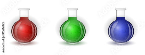 Set of three realistic round laboratory flasks with red green and blue bubbling liquids isolated on a transparent background