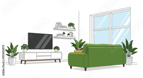 A minimalist living room scene features a sofa plants and a television presented as a striking silhouette high quality professional detailed