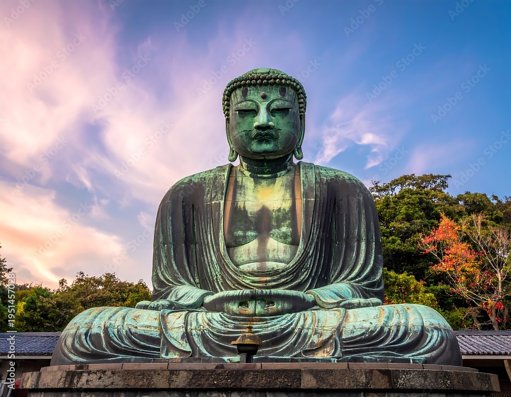 Fototapeta premium Large bronze Buddha statue at sunset