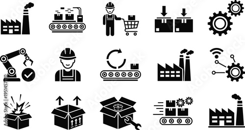 Industrial manufacturing icons set with factory worker robot automation conveyor packaging logistics symbols black silhouette collection for production industry engineering and supply chain concept