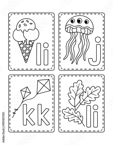 Alphabet flashcards for learning letters i j k l with ice cream jellyfish kite and oak leaves illustrations