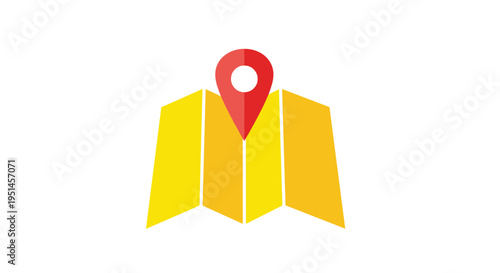 A stylized folded yellow map with rectangular sections is prominently marked by a red teardrop location pin on a white background.