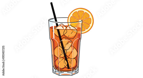 A tall glass filled with an orange drink, ice, and a straw is garnished with an orange slice.