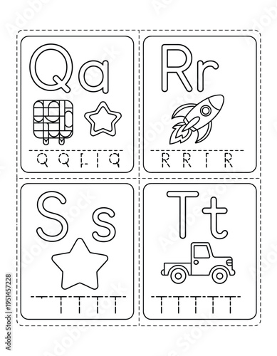 Alphabet tracing and coloring worksheet for kids featuring letters q r s and t with rocket and truck icons for school learning