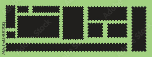 Blank postage stamp set. Clean postage stamp template. Postage icon. Vintage empty postcard stamp frame for mail delivery sticker template, philately element. Vector stamps isolated set.
