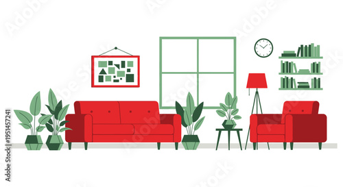 A brightly colored living room scene with furniture plants and a framed artwork depicted as a flat silhouette high quality professional
