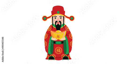 A cartoon Caishen, the Chinese God of Wealth, is holding a golden ingot in traditional red and gold attire.