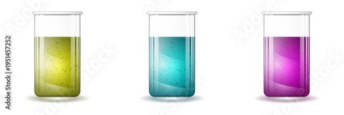 Set of square glass containers with glowing yellow cyan and purple bubbling liquids for scientific research and fantasy game assets