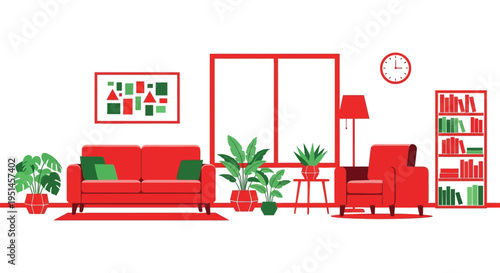 A vibrant living room interior is depicted with red furniture and green plants creating a modern aesthetic silhouette high quality professional