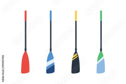 Collection of four colorful paddles for water sports like kayaking or paddleboarding