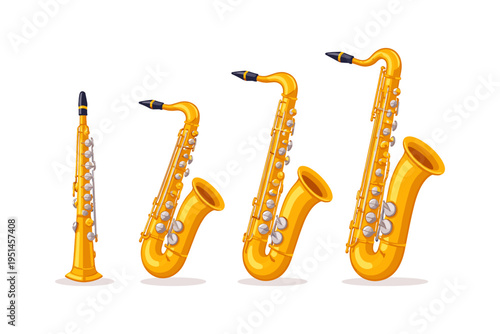 Collection of golden saxophones and a clarinet in varying sizes on a white background