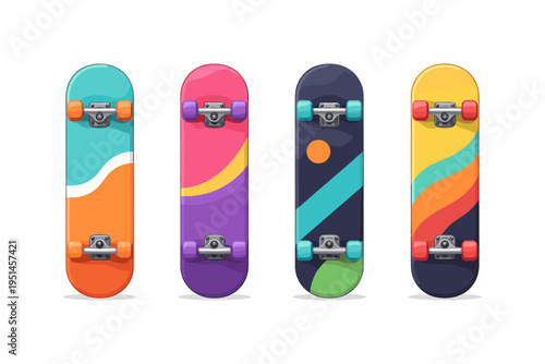 Collection of four colorful skateboards with unique abstract designs and wheels