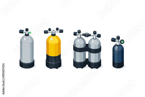 Collection of scuba diving tanks in isometric view, various colors and sizes