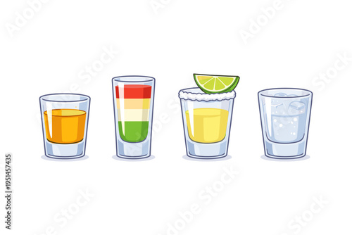 Collection of colorful layered and single shot alcoholic drinks with lime and ice