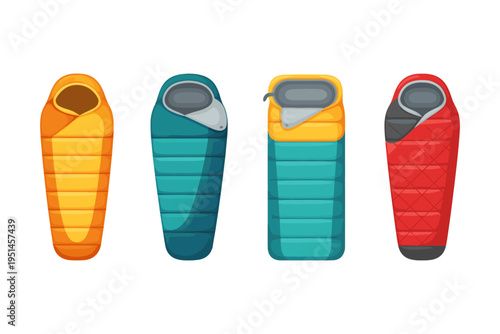 Collection of four colorful sleeping bags for camping and outdoor adventures
