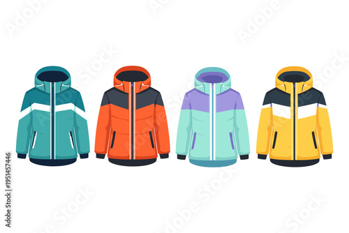 Collection of four colorful winter ski jackets with hoods displayed side by side