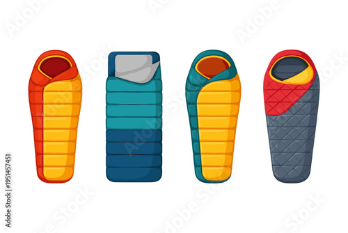 Collection of four colorful sleeping bags for camping and outdoor adventures