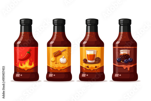 Four bottles of sauces with different flavors and ingredients displayed on labels