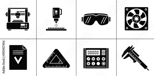 Set of flat vector icons for 3D printing and engineering featuring additive manufacturing printer laser cutting safety goggles cooling fan checklist ruler calculator and calipers
