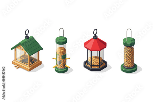 Collection of four diverse bird feeders in isometric view, showcasing different designs and food types